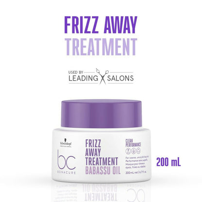 Schwarzkopf Bonacure Frizz Away Treatment with Babassu Oil hair mask in a jar, smooths frizz and nourishes damaged hair.