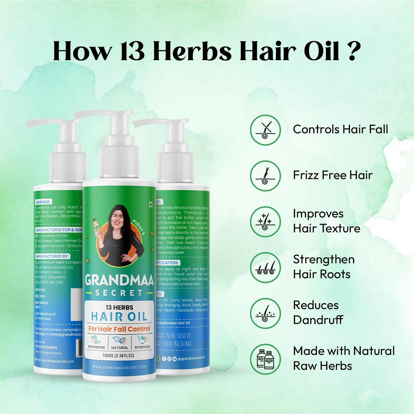 Nidhi's Grandmaa Secret herbal hair oil with coconut and curry leaves for dry, damaged hair and hair fall control.
