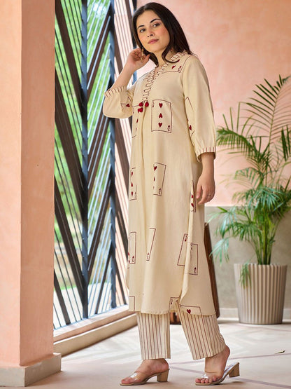 Geometric Printed Screen Technique Thread Work Kurta With Trousers