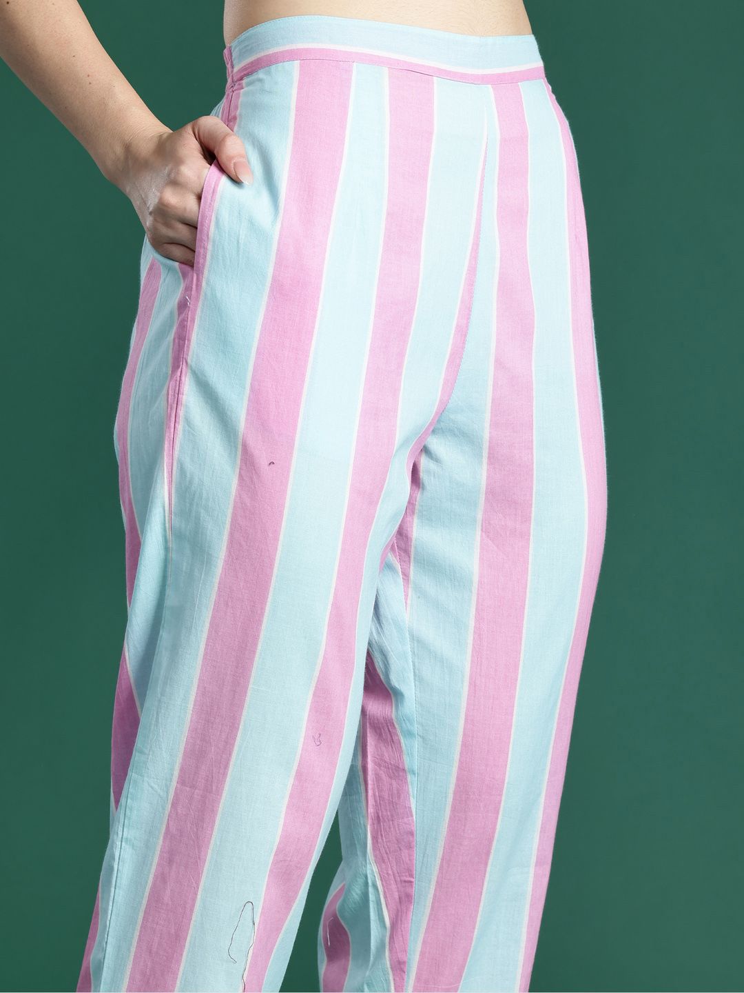 Indyancart IE Indo era Printed Pure Cotton V Neck Top With Trousers Co-Ords Set