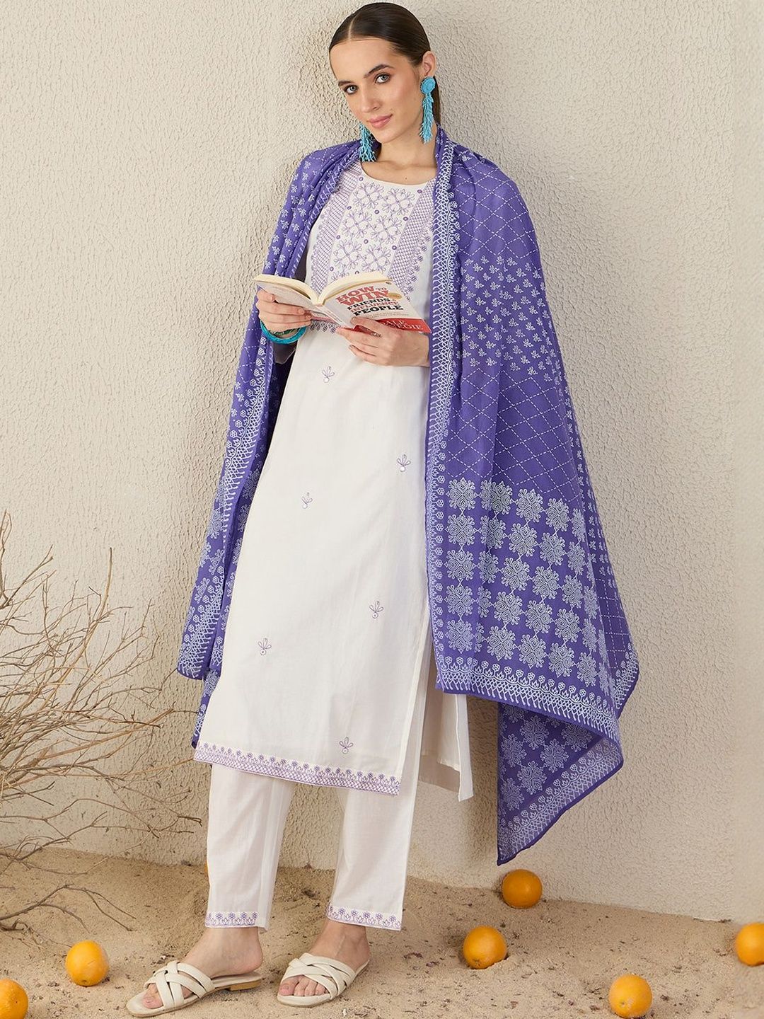 Ethnic Motifs Embroidered Thread Work Pure Cotton Kurta With Trousers & Dupatta
