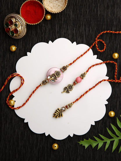 Anouk Pink Stone Studded & Beaded Floral Bhaiya Bhabhi Thread Rakhis With Roli Chawal
