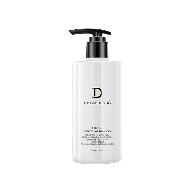 De Fabulous Ginger Energizing Shampoo bottle with label, showing bright packaging and product name, on a neutral background.