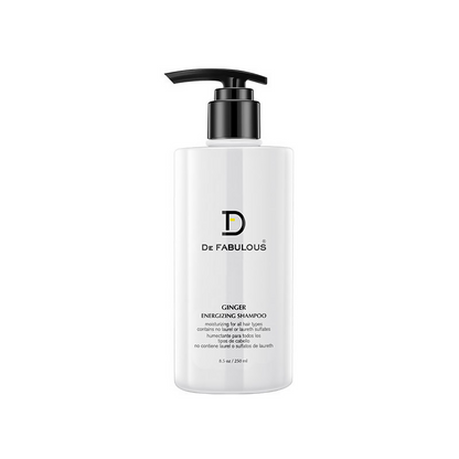 De Fabulous Ginger Energizing Shampoo bottle with label, showing bright packaging and product name, on a neutral background.