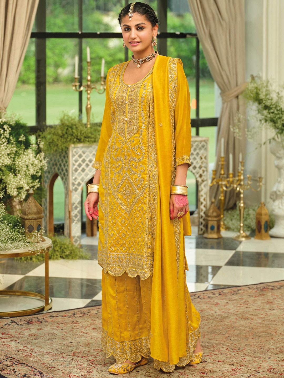 Ethnic Motifs Embroidered Round Neck Straight Kurta With Trousers & Dupatta