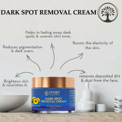 Ivory Natural dark spot removal face cream with ivory color, showing the cream's smooth texture and jar container.