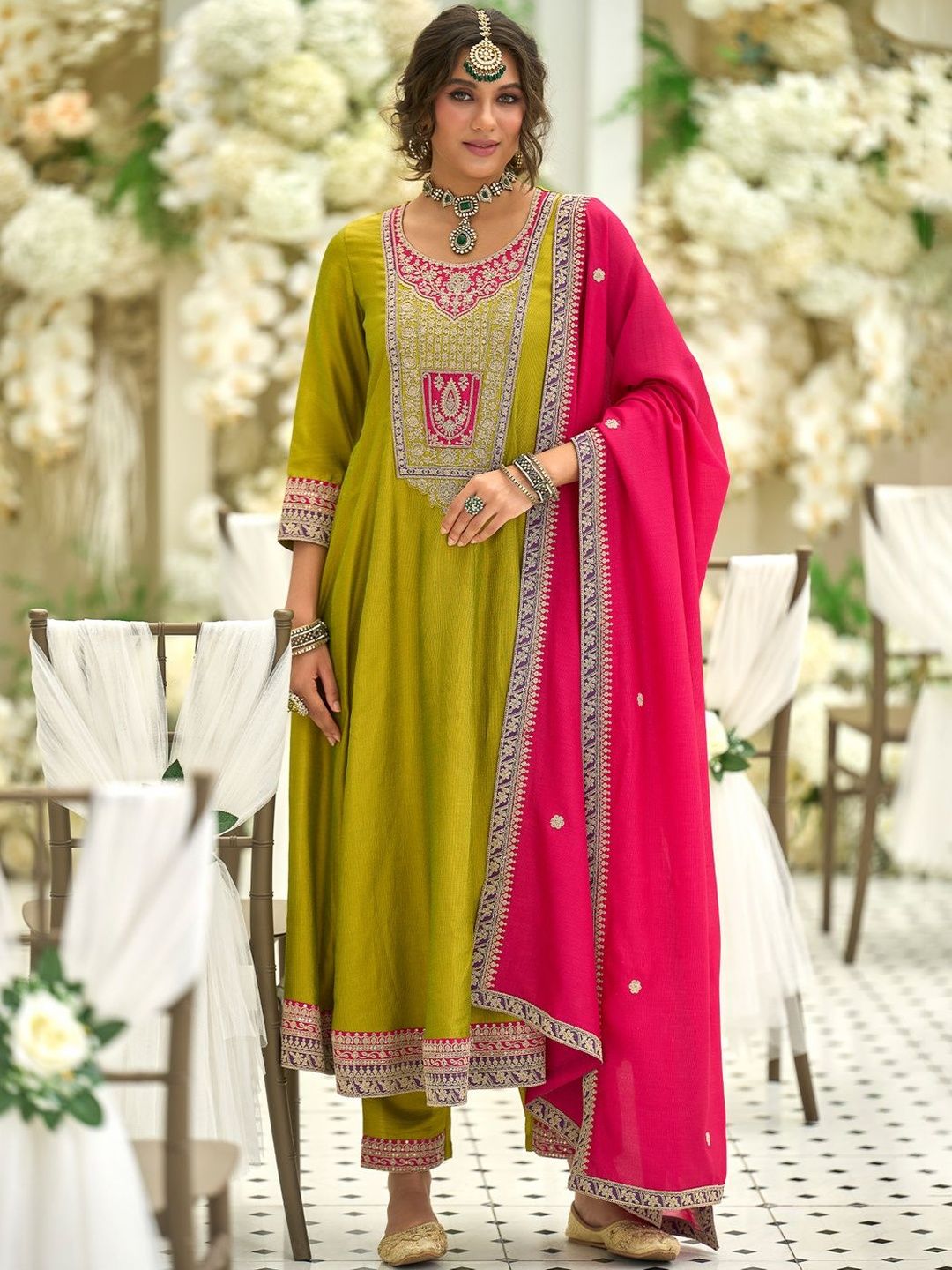 Motifs Yoke Design Notch Neck Sequinned Anarkali Kurta & Trousers With Dupatta
