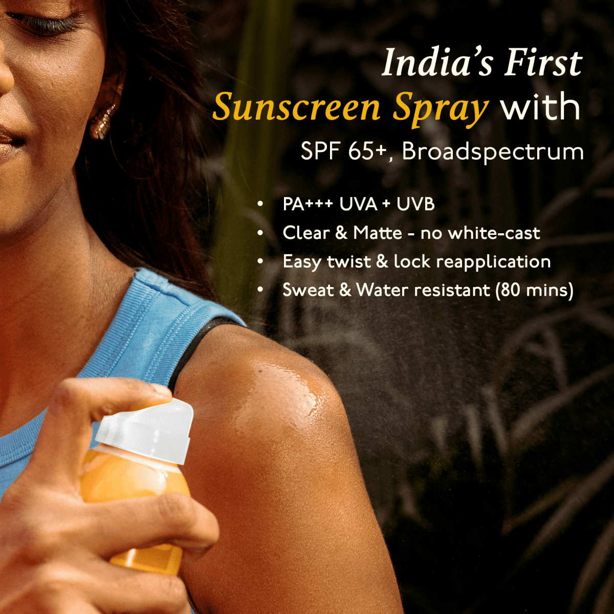 Asaya Broadspectrum Sunscreen Spray SPF 50+ in a white bottle, waterproof sunscreen for face and body.