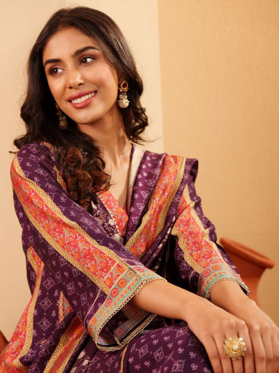 Indyancart VA Women'sEthnic Motifs Printed Gotta Patti Chanderi Silk Kurta With Trousers & Dupatta