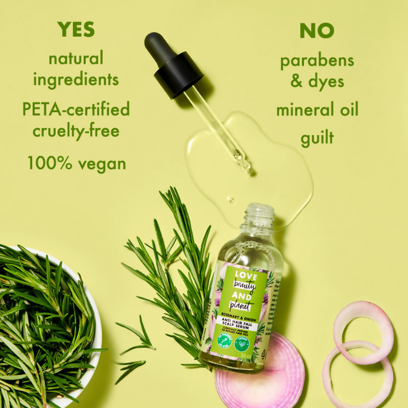 Love Beauty And Planet Onion & Rosemary Anti-Hairfall Scalp Serum bottle, natural hair serum for nourishing scalp and reducing hair fall.