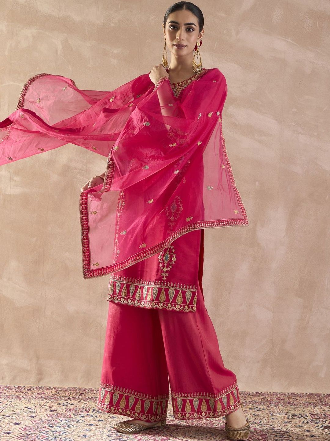 Ethnic Motifs Embroidered Straight Thread Work Kurta With Palazzos & Dupatta