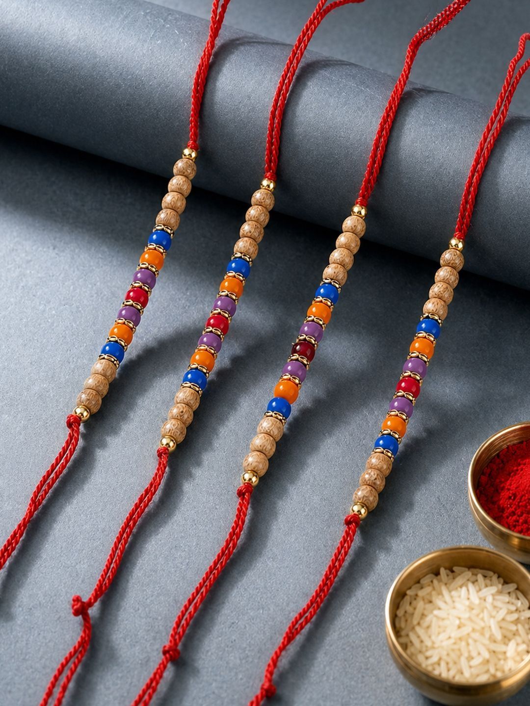 Anouk Set Of 4 Multicolor Circular Beads Studded Thread Rakhi With Roli Chawal Chandan