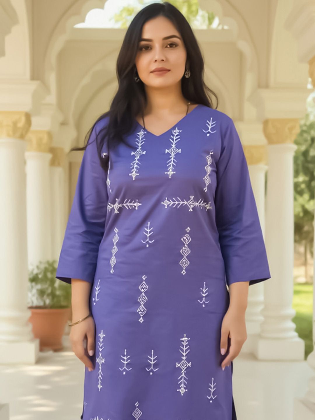 Ethnic Motifs Embroidered Thread Work Pure Cotton Straight Kurta With Trousers