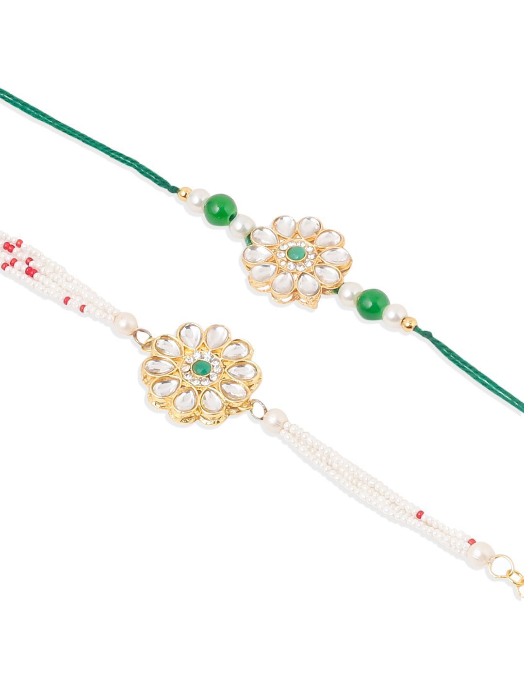 Anouk Set Of 2 Kundan Floral Design Gold Toned Bhaiya Bhabhi Rakhi Set With Roli Chawal