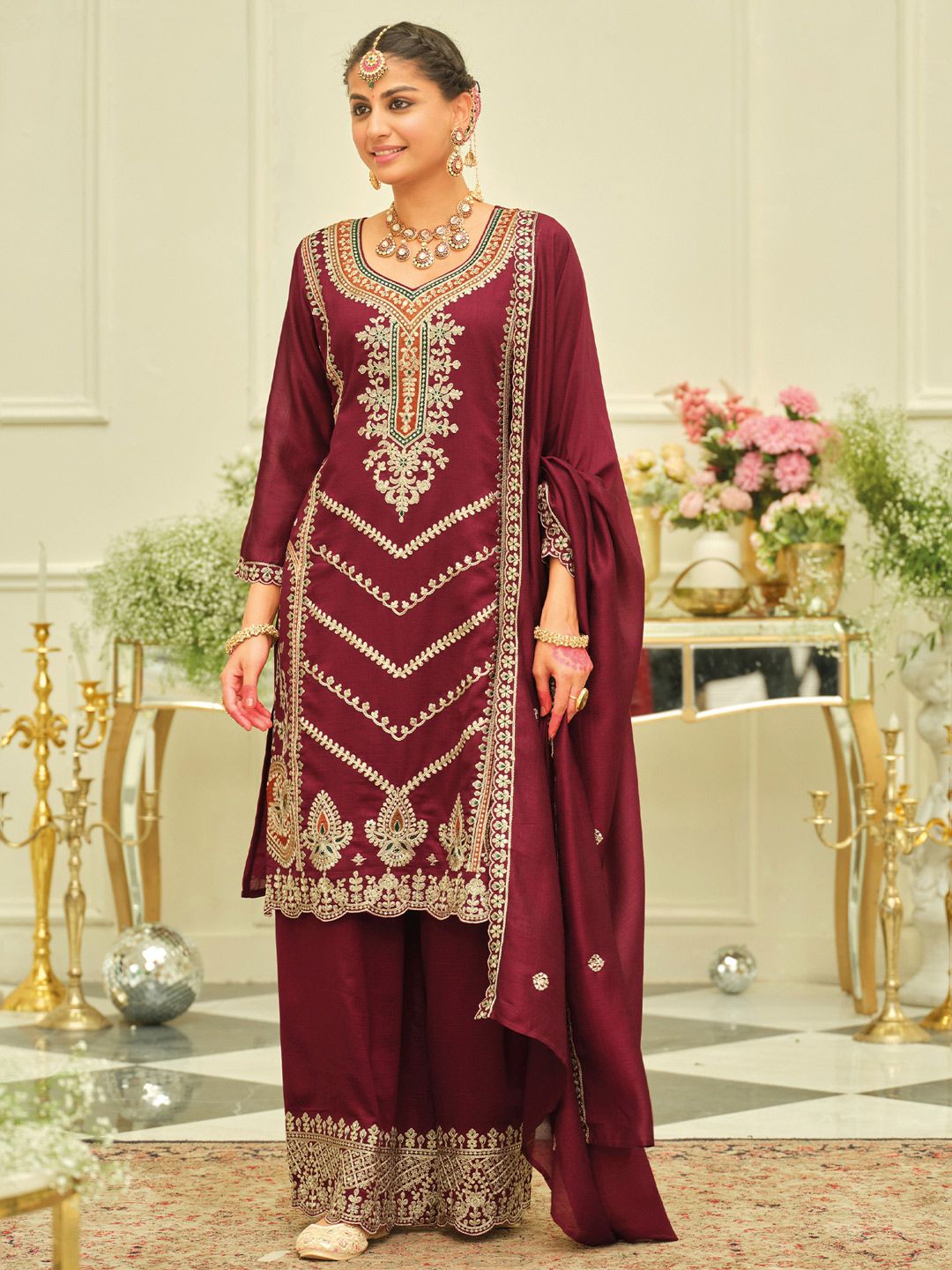Ethnic Motifs Embroidered Zari Kurta with Trousers & With Dupatta