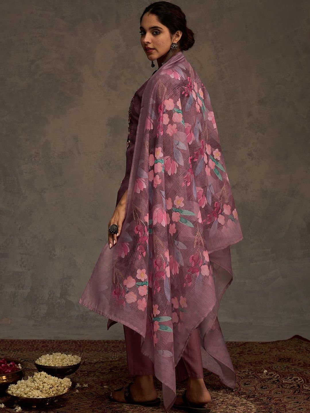 Women Floral Embroidered Thread Work Kurta with Trousers & Dupatta