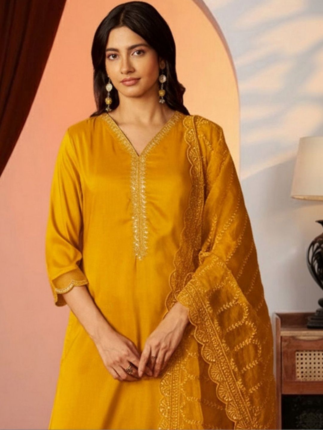 Women Ethnic Motifs Embroidered Regular Thread Work Kurta with Trousers & With Dupatta