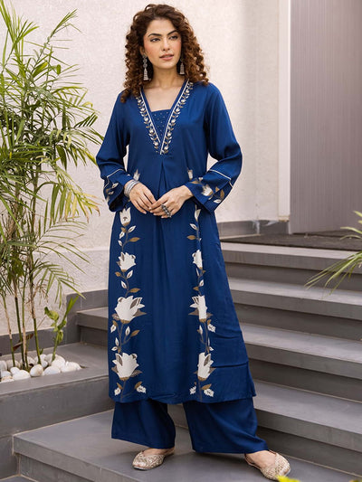 Indyancart SN Women's Floral Printed sequins Embroidered A-Line Kurta Set