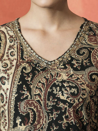 Indyancart SN Women's Paisley Printed V-Neck Beaded Pure Cotton Straight Kurta With Salwar And Dupatta