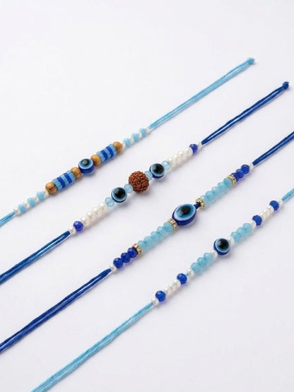 Anouk Set Of 4 Blue Evil Eye Thread Rakhi With Roli Chawal Chandan Mishri