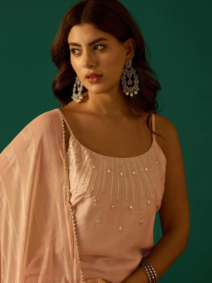 Indyancart VA Women Embroidered Regular Beads and Stones Kurta with Palazzos & Dupatta
