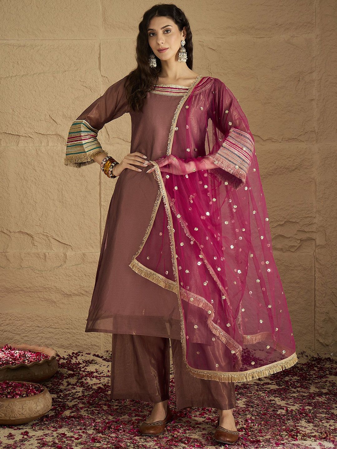 Indyancart VA Women Ethnic Motifs Yoke Design Kurta with Palazzo & Dupatta