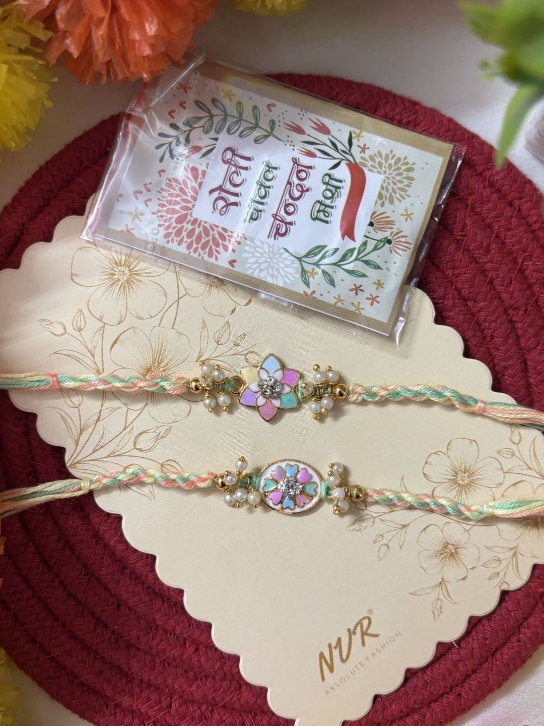 Anouk Set Of 2 Meenakari Floral Thread Rakhi With Roli Chawal Chandan Mishri