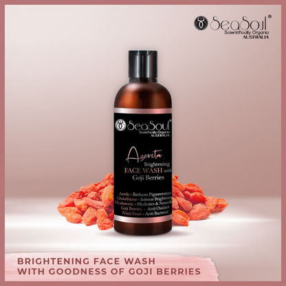 SeaSoul Azevita Face Wash with brightening formula, showing the clear, foaming cleanser in a white tube with blue accents.