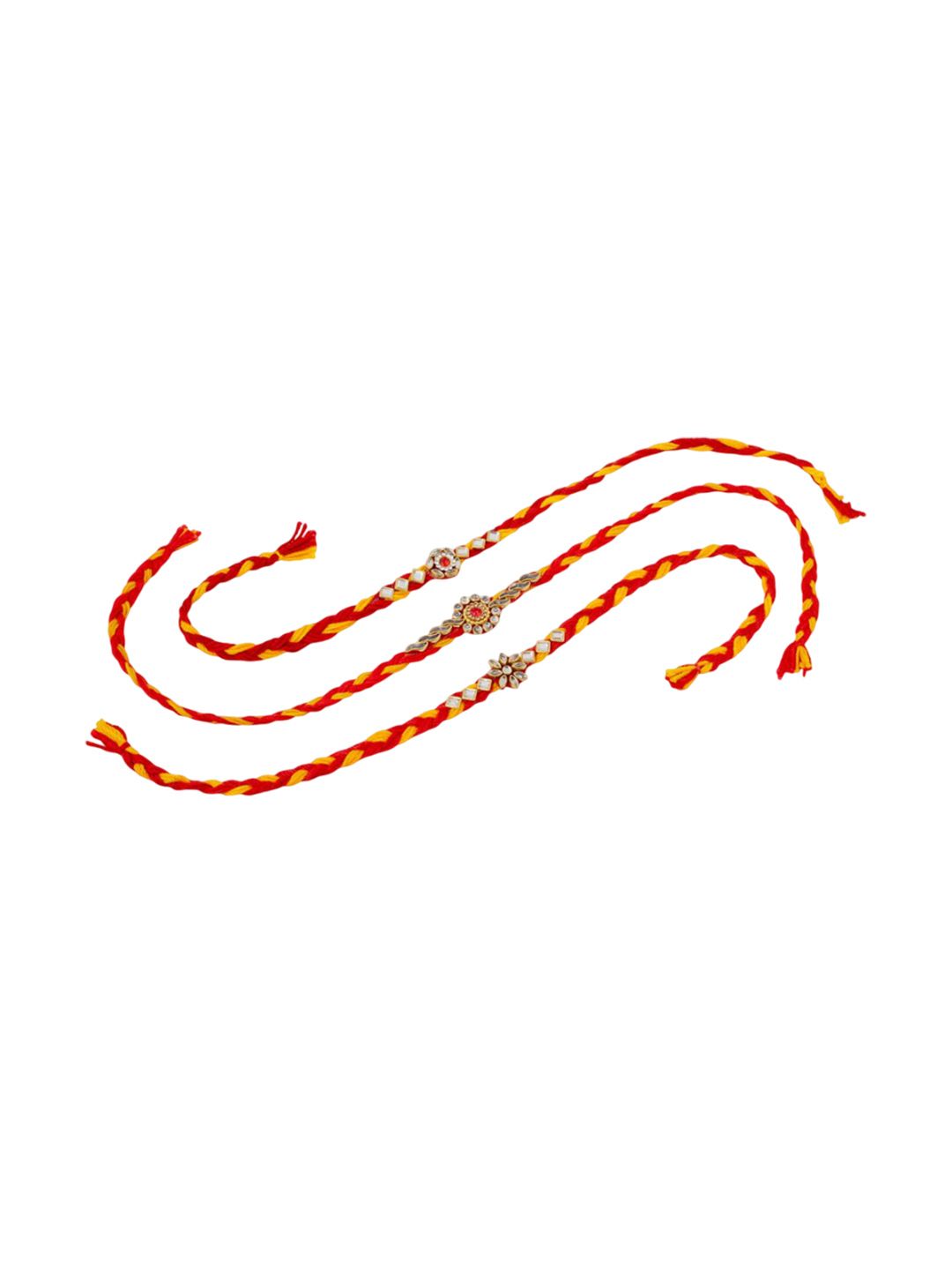 Anouk Men Set Of 3 Red & Yellow Kundan Studded Floral Design Thread Rakhi With Roli Chawal