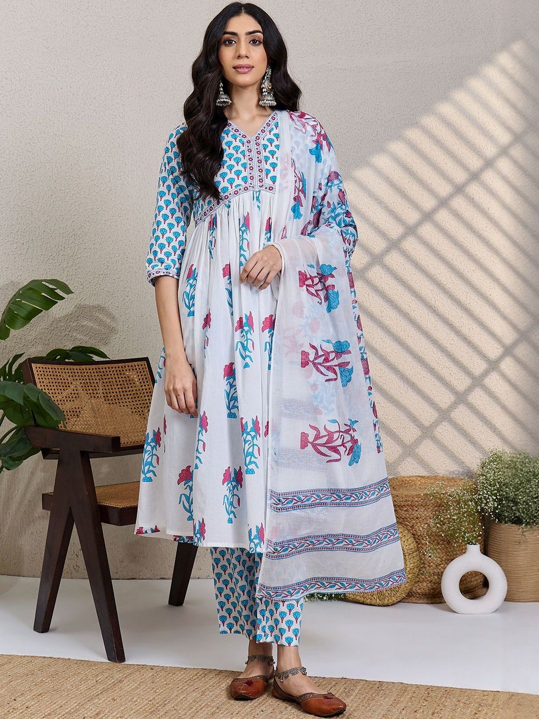 Women Floral Printed Cotton A-Line Kurta with Trousers & Dupatta