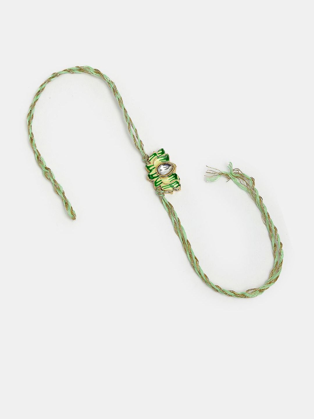 Anouk Unisex Set Of 2 Green Lotus Shape Kundan-Studded & Beaded Wraparound Rakhi Set