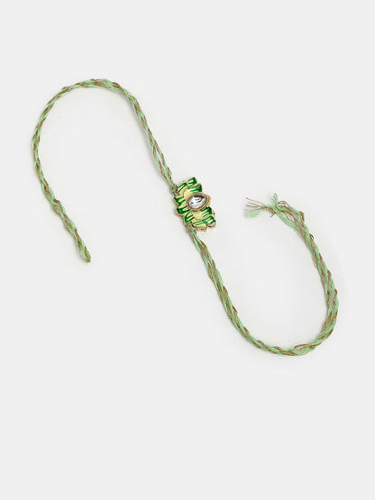 Anouk Unisex Set Of 2 Green Lotus Shape Kundan-Studded & Beaded Wraparound Rakhi Set
