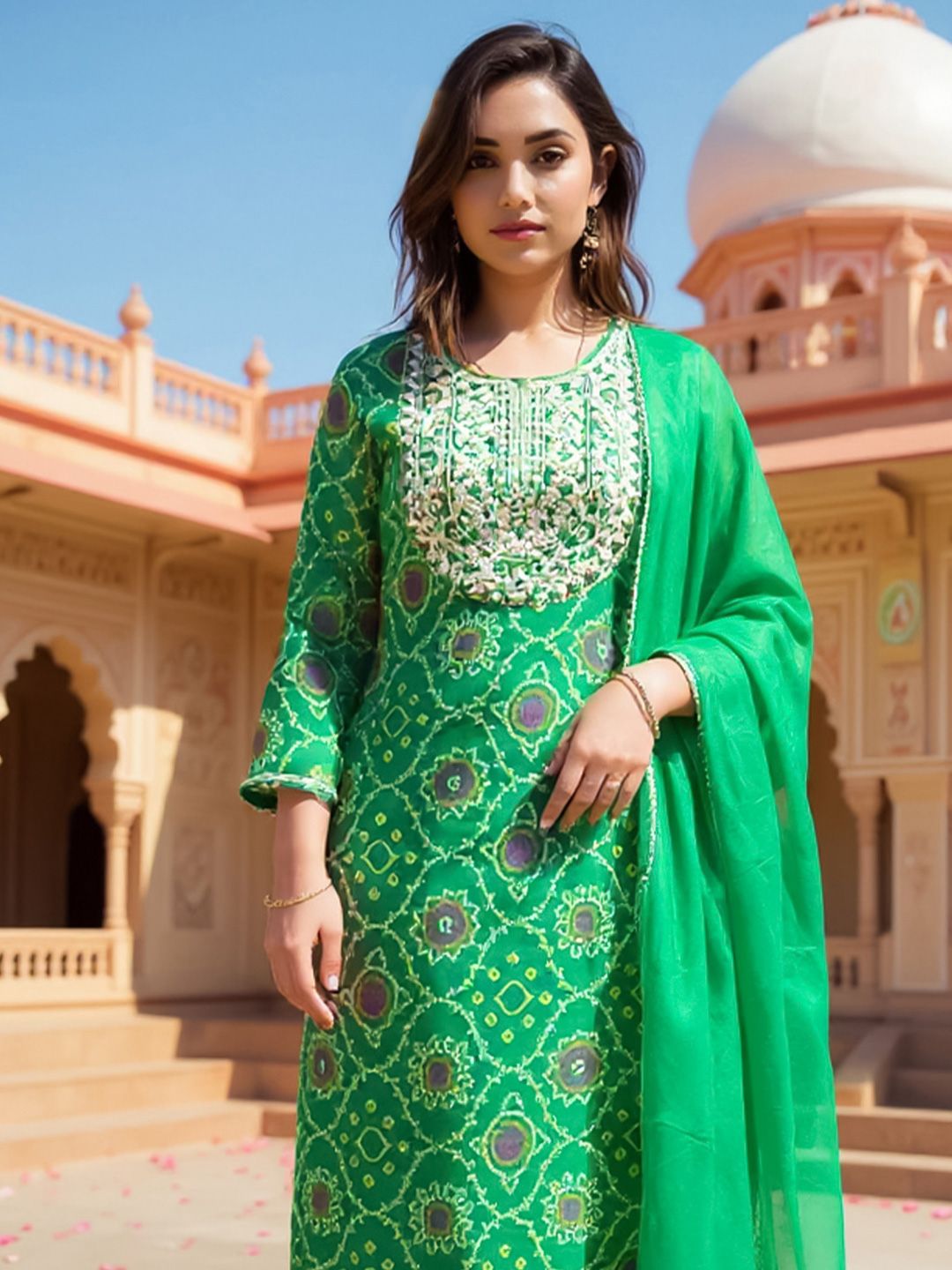 Ethnic Motifs Embroidered Sequinned Straight Kurta With Trousers & Dupatta