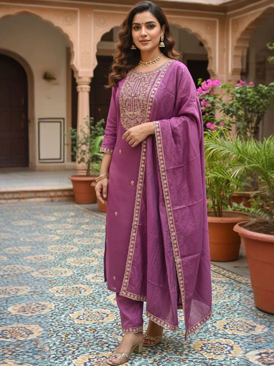 Women Mauve Embroidered Straight Kurta with Trousers & With Dupatta