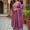 Dhiyona IE Women Mauve Embroidered Straight Kurta with Trousers & With Dupatta