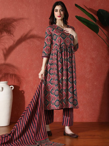 Indyancart SN Women's Embroidered Pure Cotton A-Line Kurta & Trousers With Dupatta