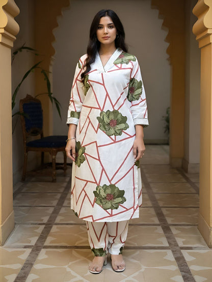 Dhiyona IE Women's Women Floral Printed Regular Thread Work Pure Cotton Kurta with Trousers