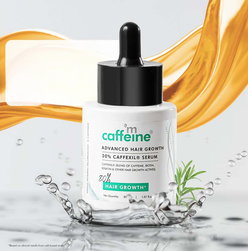 mCaffeine Advanced Hair Growth Serum with 20% Caffexil and rosemary, featuring a dropper applicator for scalp treatment.