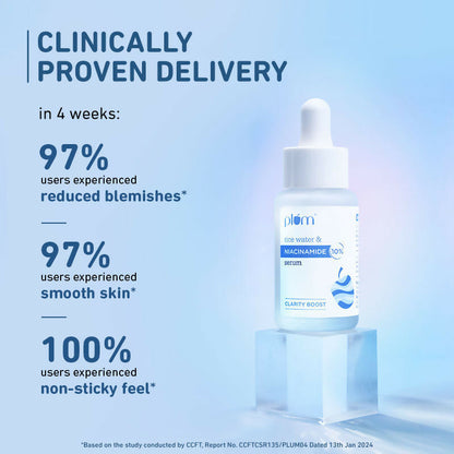 Plum 10% Niacinamide face serum with rice water, featuring a dropper bottle, for brightening, blemish, and dark spot reduction.