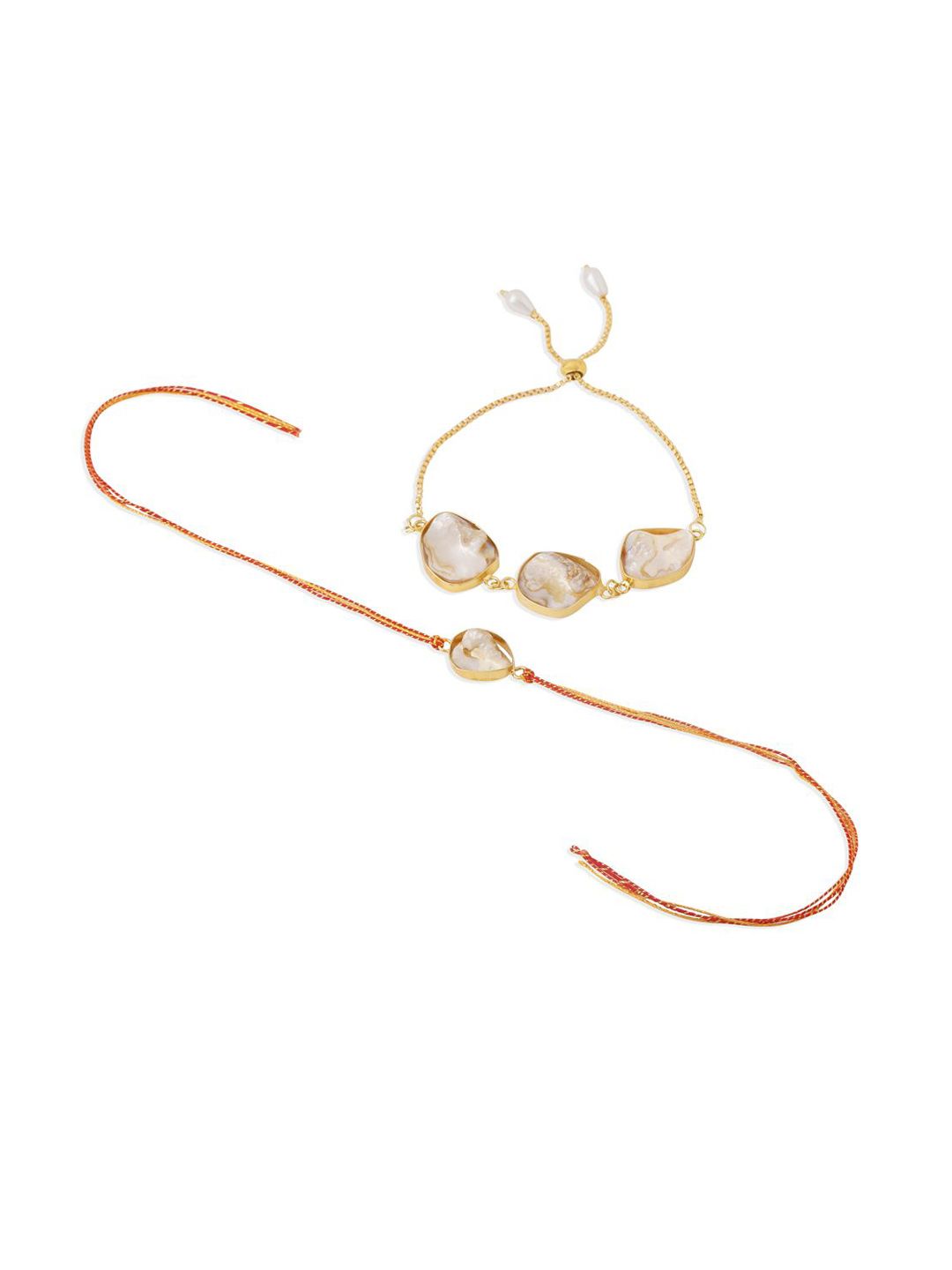 Anouk Set Of 2 Gold Toned Pearls Bhaiya Bhabhi Rakhi With Roli Chawal Chandan Mishri