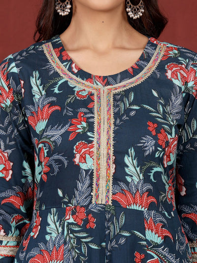 Indyancart VA Women's Floral Printed Regular Pure Cotton Kurta, Trousers with Dupatta
