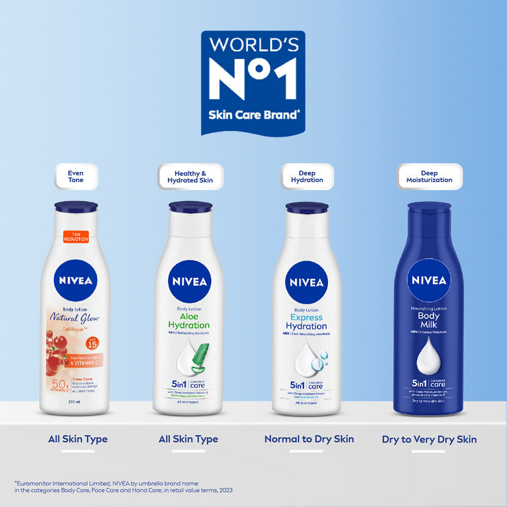 Nivea sunscreen and 50X Vitamin C body lotion bottles, moisturizing skincare products with brightening and sun protection features.