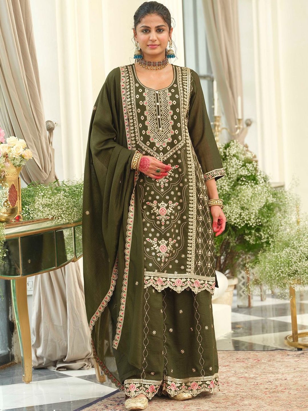 Indyancart IE Women Ethnic Motifs Embroidered Regular Thread Work Kurta with Palazzos & With Dupatta