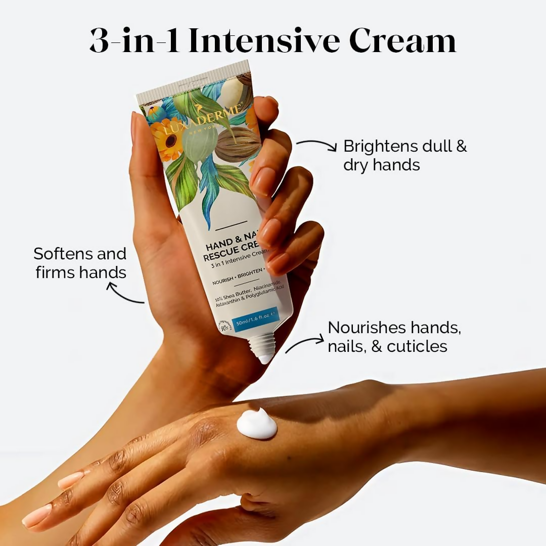 LuxaDerme Hand & Nail Rescue Cream with Shea Butter and Niacinamide, showing a tube of nourishing hand cream.