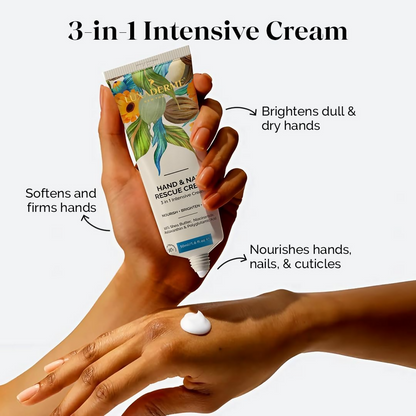 LuxaDerme Hand & Nail Rescue Cream with Shea Butter and Niacinamide, showing a tube of nourishing hand cream.