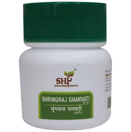 Shriji Herbal Products Bhringraj Ghanvati Ayurvedic tablets in a clear bottle with tablets visible inside.
