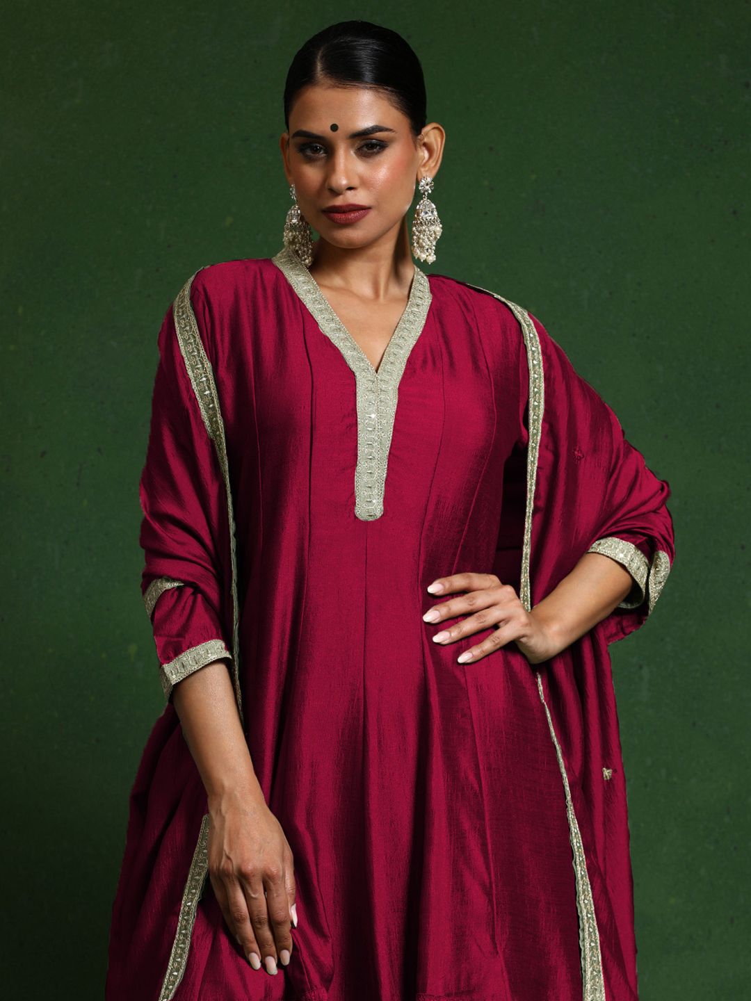 Indyancart VA Woven Design Layered V-Neck Zari Kurta With Sharara & Dupatta