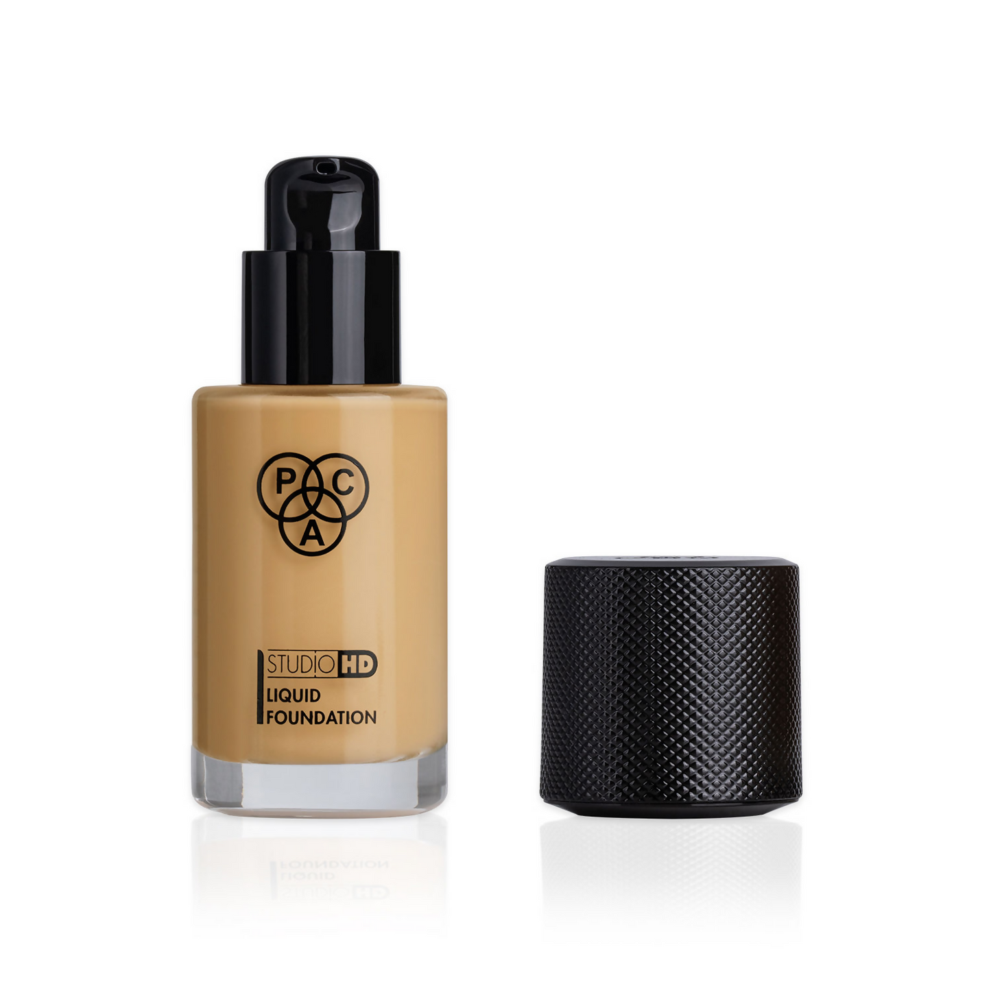PAC Studio HD Liquid Foundation in shade 3.3, showcasing a sleek bottle with pump dispenser and smooth liquid foundation inside.
