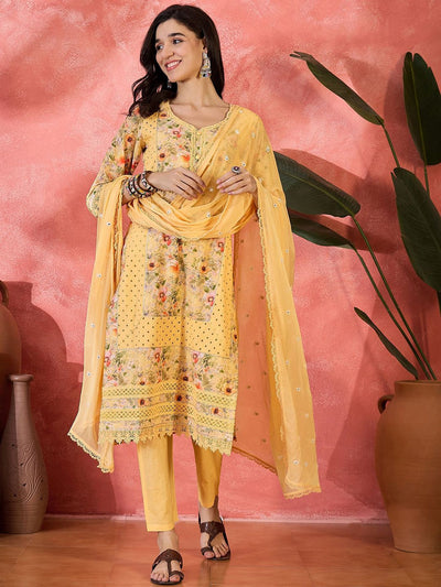 Indyancart SN Women's Digital Printed With Schiffli Embroidered Cotton Kurta With Bottom & Dupatta Set