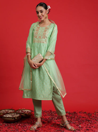 Indyancart IE Women Floral Embroidered Regular Thread Work Chanderi Silk Kurta with Trousers & With Dupatta